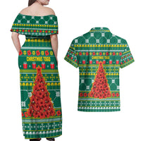 Togo Christmas Couples Matching Off Shoulder Maxi Dress and Hawaiian Shirt with Santa Poinsettia Flower Tree Gifts and African Print Pattern - Wonder Print Shop