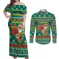Togo Christmas Couples Matching Off Shoulder Maxi Dress and Long Sleeve Button Shirt with Santa Poinsettia Flower Tree Gifts and African Print Pattern - Wonder Print Shop