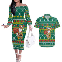 Togo Christmas Couples Matching Off The Shoulder Long Sleeve Dress and Hawaiian Shirt with Santa Poinsettia Flower Tree Gifts and African Print Pattern - Wonder Print Shop