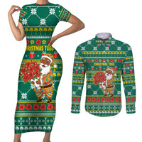 Togo Christmas Couples Matching Short Sleeve Bodycon Dress and Long Sleeve Button Shirt with Santa Poinsettia Flower Tree Gifts and African Print Pattern - Wonder Print Shop