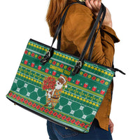 Togo Christmas Leather Tote Bag with Santa Poinsettia Flower Tree Gifts and African Print Pattern - Wonder Print Shop