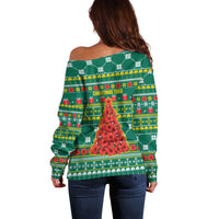 Togo Christmas Off Shoulder Sweater with Santa Poinsettia Flower Tree Gifts and African Print Pattern - Wonder Print Shop