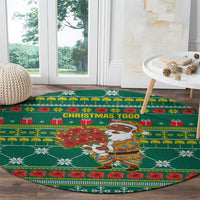 Togo Christmas Round Carpet with Santa Poinsettia Flower Tree Gifts and African Print Pattern - Wonder Print Shop