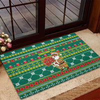 Togo Christmas Rubber Doormat with Santa Poinsettia Flower Tree Gifts and African Print Pattern - Wonder Print Shop