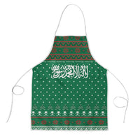 Saudi Arabia Christmas Apron with Green Pattern, Traditional Script Motif, and Camel Caravan Silhouette - Wonder Print Shop