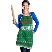 Saudi Arabia Christmas Apron with Green Pattern, Traditional Script Motif, and Camel Caravan Silhouette - Wonder Print Shop