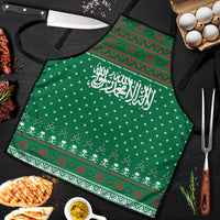 Saudi Arabia Christmas Apron with Green Pattern, Traditional Script Motif, and Camel Caravan Silhouette - Wonder Print Shop
