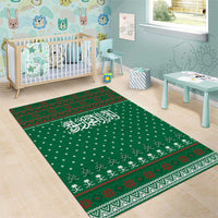 Saudi Arabia Christmas Area Rug with Green Pattern, Traditional Script Motif, and Camel Caravan Silhouette - Wonder Print Shop