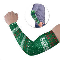 Saudi Arabia Christmas Arm Sleeves with Green Pattern, Traditional Script Motif, and Camel Caravan Silhouette - Wonder Print Shop
