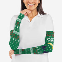 Saudi Arabia Christmas Arm Sleeves with Green Pattern, Traditional Script Motif, and Camel Caravan Silhouette - Wonder Print Shop