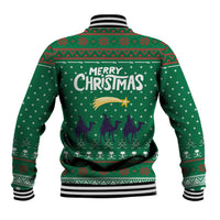 Saudi Arabia Christmas Baseball Jacket with Green Pattern, Traditional Script Motif, and Camel Caravan Silhouette - Wonder Print Shop