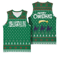 Saudi Arabia Christmas Basketball Jersey with Green Pattern, Traditional Script Motif, and Camel Caravan Silhouette - Wonder Print Shop
