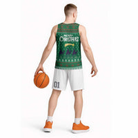 Saudi Arabia Christmas Basketball Jersey with Green Pattern, Traditional Script Motif, and Camel Caravan Silhouette - Wonder Print Shop
