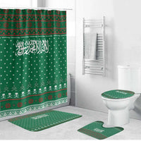 Saudi Arabia Christmas Bathroom Set with Green Pattern, Traditional Script Motif, and Camel Caravan Silhouette - Wonder Print Shop