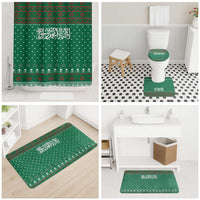 Saudi Arabia Christmas Bathroom Set with Green Pattern, Traditional Script Motif, and Camel Caravan Silhouette - Wonder Print Shop