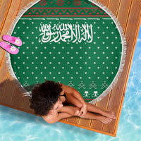 Saudi Arabia Christmas Beach Blanket with Green Pattern, Traditional Script Motif, and Camel Caravan Silhouette - Wonder Print Shop
