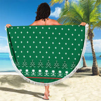 Saudi Arabia Christmas Beach Blanket with Green Pattern, Traditional Script Motif, and Camel Caravan Silhouette - Wonder Print Shop