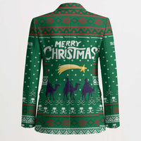 Saudi Arabia Christmas Blazer with Green Pattern, Traditional Script Motif, and Camel Caravan Silhouette - Wonder Print Shop
