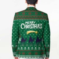 Saudi Arabia Christmas Blazer with Green Pattern, Traditional Script Motif, and Camel Caravan Silhouette - Wonder Print Shop