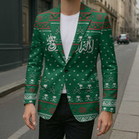 Saudi Arabia Christmas Blazer with Green Pattern, Traditional Script Motif, and Camel Caravan Silhouette - Wonder Print Shop