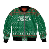 Saudi Arabia Christmas Bomber Jacket with Green Pattern, Traditional Script Motif, and Camel Caravan Silhouette - Wonder Print Shop