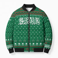 Saudi Arabia Christmas Bomber Puffer Jacket with Green Pattern, Traditional Script Motif, and Camel Caravan Silhouette - Wonder Print Shop