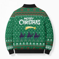 Saudi Arabia Christmas Bomber Puffer Jacket with Green Pattern, Traditional Script Motif, and Camel Caravan Silhouette - Wonder Print Shop