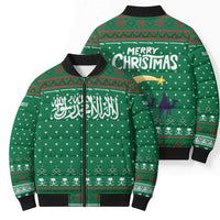 Saudi Arabia Christmas Bomber Puffer Jacket with Green Pattern, Traditional Script Motif, and Camel Caravan Silhouette - Wonder Print Shop