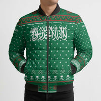 Saudi Arabia Christmas Bomber Puffer Jacket with Green Pattern, Traditional Script Motif, and Camel Caravan Silhouette - Wonder Print Shop