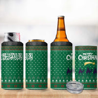 Saudi Arabia Christmas 4 in 1 Can Cooler Tumbler with Green Pattern, Traditional Script Motif, and Camel Caravan Silhouette - Wonder Print Shop
