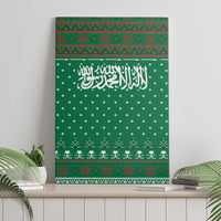 Saudi Arabia Christmas Canvas Wall Art with Green Pattern, Traditional Script Motif, and Camel Caravan Silhouette - Wonder Print Shop