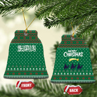 Saudi Arabia Christmas Ceramic Ornament with Green Pattern, Traditional Script Motif, and Camel Caravan Silhouette - Wonder Print Shop