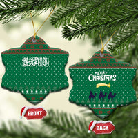 Saudi Arabia Christmas Ceramic Ornament with Green Pattern, Traditional Script Motif, and Camel Caravan Silhouette - Wonder Print Shop