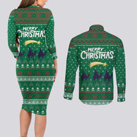 Saudi Arabia Christmas Couples Matching Long Sleeve Bodycon Dress and Long Sleeve Button Shirt with Green Pattern, Traditional Script Motif, and Camel Caravan Silhouette - Wonder Print Shop