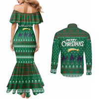 Saudi Arabia Christmas Couples Matching Mermaid Dress and Long Sleeve Button Shirt with Green Pattern, Traditional Script Motif, and Camel Caravan Silhouette - Wonder Print Shop