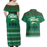 Saudi Arabia Christmas Couples Matching Off Shoulder Maxi Dress and Hawaiian Shirt with Green Pattern, Traditional Script Motif, and Camel Caravan Silhouette - Wonder Print Shop