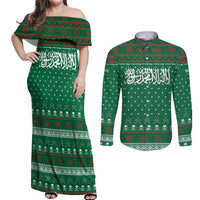 Saudi Arabia Christmas Couples Matching Off Shoulder Maxi Dress and Long Sleeve Button Shirt with Green Pattern, Traditional Script Motif, and Camel Caravan Silhouette - Wonder Print Shop