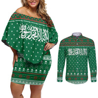 Saudi Arabia Christmas Couples Matching Off Shoulder Short Dress and Long Sleeve Button Shirt with Green Pattern, Traditional Script Motif, and Camel Caravan Silhouette - Wonder Print Shop