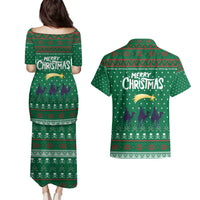 Saudi Arabia Christmas Couples Matching Puletasi and Hawaiian Shirt with Green Pattern, Traditional Script Motif, and Camel Caravan Silhouette - Wonder Print Shop
