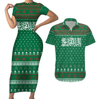 Saudi Arabia Christmas Couples Matching Short Sleeve Bodycon Dress and Hawaiian Shirt with Green Pattern, Traditional Script Motif, and Camel Caravan Silhouette - Wonder Print Shop