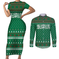 Saudi Arabia Christmas Couples Matching Short Sleeve Bodycon Dress and Long Sleeve Button Shirt with Green Pattern, Traditional Script Motif, and Camel Caravan Silhouette - Wonder Print Shop