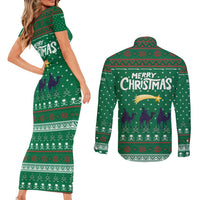Saudi Arabia Christmas Couples Matching Short Sleeve Bodycon Dress and Long Sleeve Button Shirt with Green Pattern, Traditional Script Motif, and Camel Caravan Silhouette - Wonder Print Shop