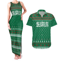 Saudi Arabia Christmas Couples Matching Tank Maxi Dress and Hawaiian Shirt with Green Pattern, Traditional Script Motif, and Camel Caravan Silhouette - Wonder Print Shop