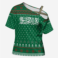 Saudi Arabia Christmas Cross Shoulder Shirt with Green Pattern, Traditional Script Motif, and Camel Caravan Silhouette - Wonder Print Shop