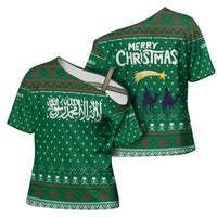 Saudi Arabia Christmas Cross Shoulder Shirt with Green Pattern, Traditional Script Motif, and Camel Caravan Silhouette - Wonder Print Shop
