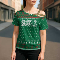 Saudi Arabia Christmas Cross Shoulder Shirt with Green Pattern, Traditional Script Motif, and Camel Caravan Silhouette - Wonder Print Shop