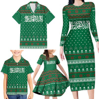 Saudi Arabia Christmas Family Matching Long Sleeve Bodycon Dress and Hawaiian Shirt with Green Pattern, Traditional Script Motif, and Camel Caravan Silhouette - Wonder Print Shop