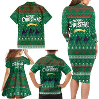 Saudi Arabia Christmas Family Matching Long Sleeve Bodycon Dress and Hawaiian Shirt with Green Pattern, Traditional Script Motif, and Camel Caravan Silhouette - Wonder Print Shop