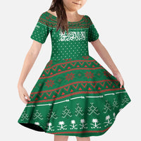 Saudi Arabia Christmas Family Matching Off The Shoulder Long Sleeve Dress and Hawaiian Shirt with Green Pattern, Traditional Script Motif, and Camel Caravan Silhouette - Wonder Print Shop