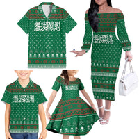 Saudi Arabia Christmas Family Matching Off The Shoulder Long Sleeve Dress and Hawaiian Shirt with Green Pattern, Traditional Script Motif, and Camel Caravan Silhouette - Wonder Print Shop